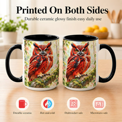 #pl[15oz|Black] Red Woodland Owl Coffee Mug, Floral Owl Mug, Ceramic Cup