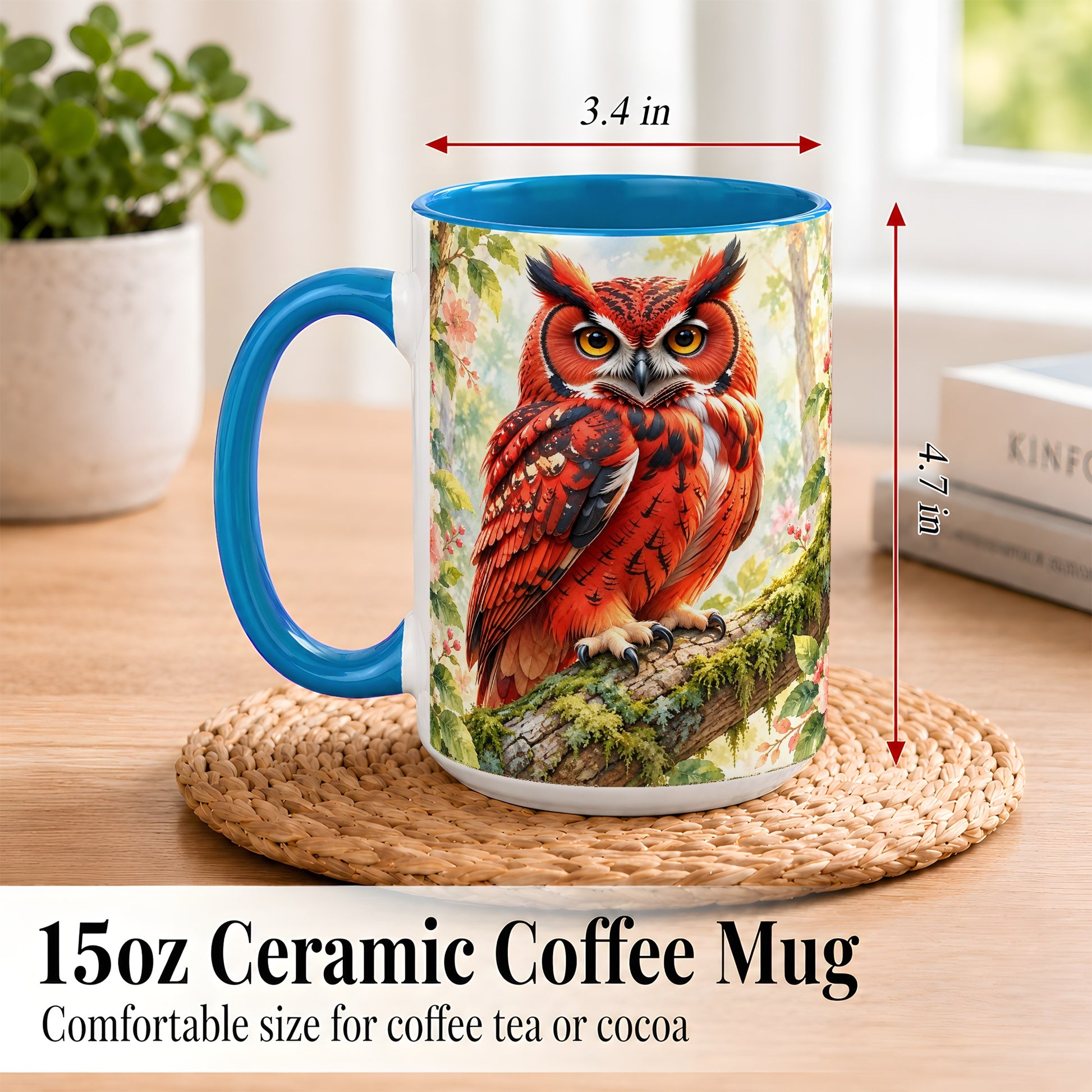 #pl[15oz|Blue] Red Woodland Owl Coffee Mug, Floral Owl Mug, Ceramic Cup