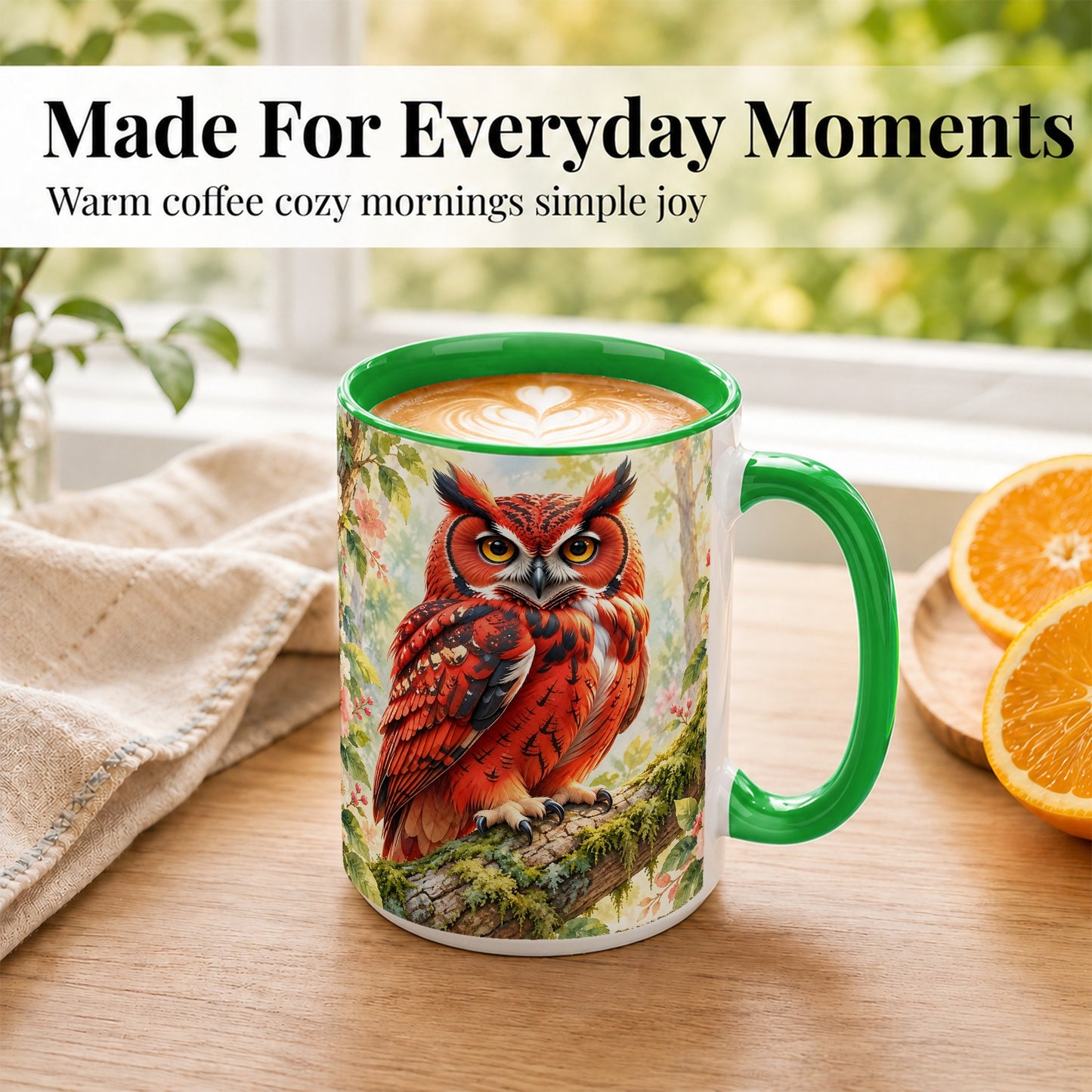 #pl[15oz|Green] Red Woodland Owl Coffee Mug, Floral Owl Mug, Ceramic Cup