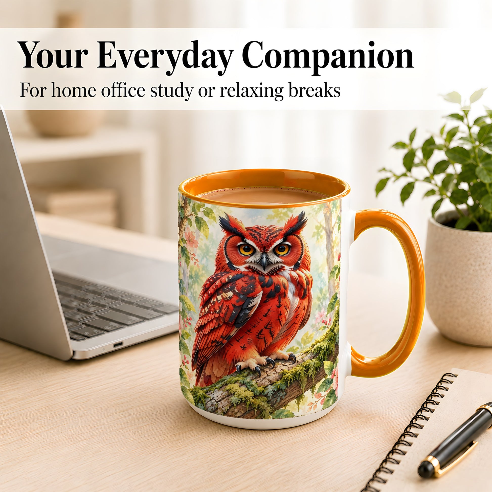 #pl[15oz|Orange] Red Woodland Owl Coffee Mug, Floral Owl Mug, Ceramic Cup