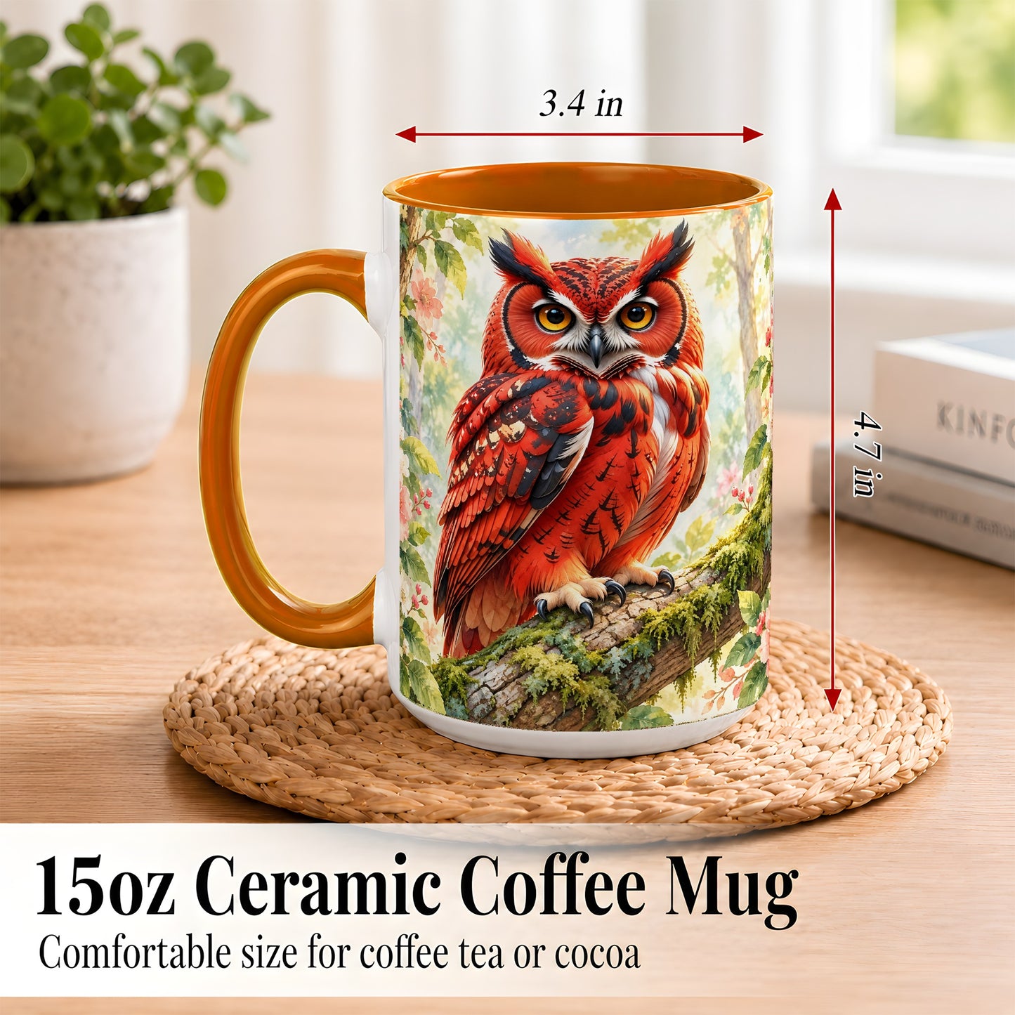 #pl[15oz|Orange] Red Woodland Owl Coffee Mug, Floral Owl Mug, Ceramic Cup