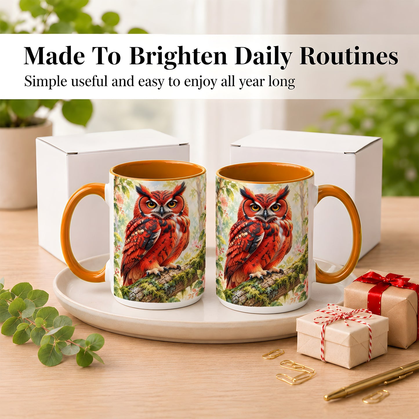 #pl[15oz|Orange] Red Woodland Owl Coffee Mug, Floral Owl Mug, Ceramic Cup