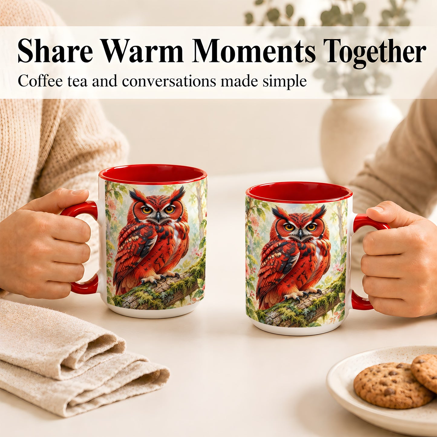#pl[15oz|Red] Red Woodland Owl Coffee Mug, Floral Owl Mug, Ceramic Cup
