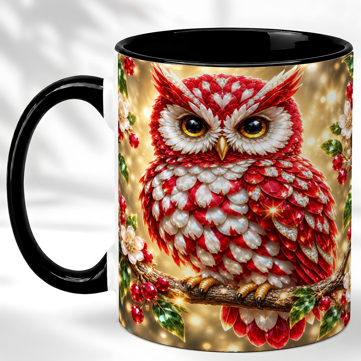 #pl[11oz|Black] Red White Gem Owl Coffee Mug, Gemstone Style Owl Mug, Ceramic Cup