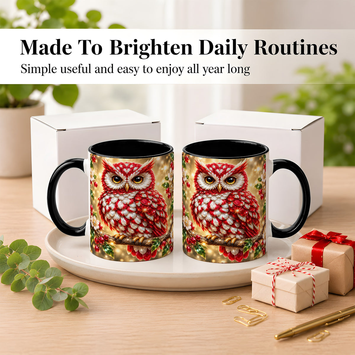 #pl[11oz|Black] Red White Gem Owl Coffee Mug, Gemstone Style Owl Mug, Ceramic Cup