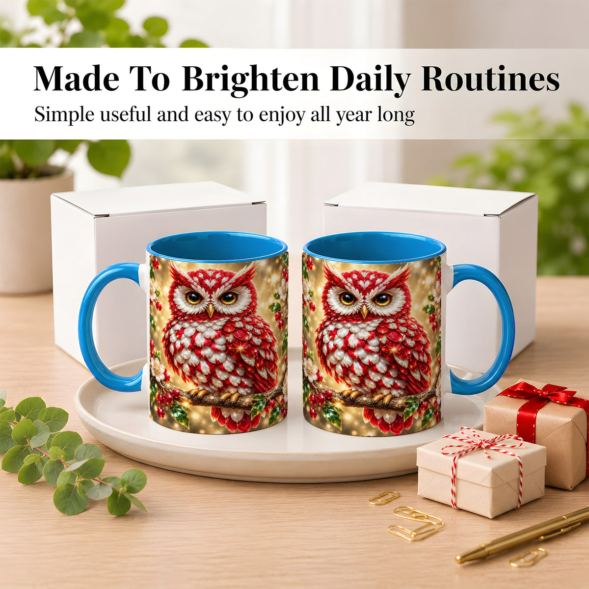 #pl[11oz|Blue] Red White Gem Owl Coffee Mug, Gemstone Style Owl Mug, Ceramic Cup