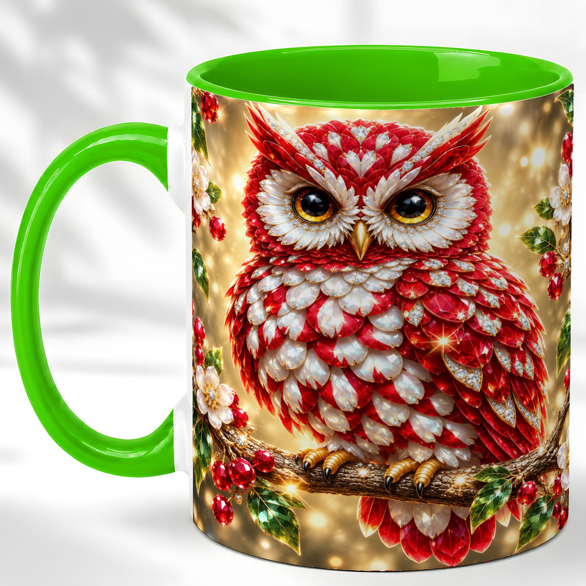 #pl[11oz|Green] Red White Gem Owl Coffee Mug, Gemstone Style Owl Mug, Ceramic Cup