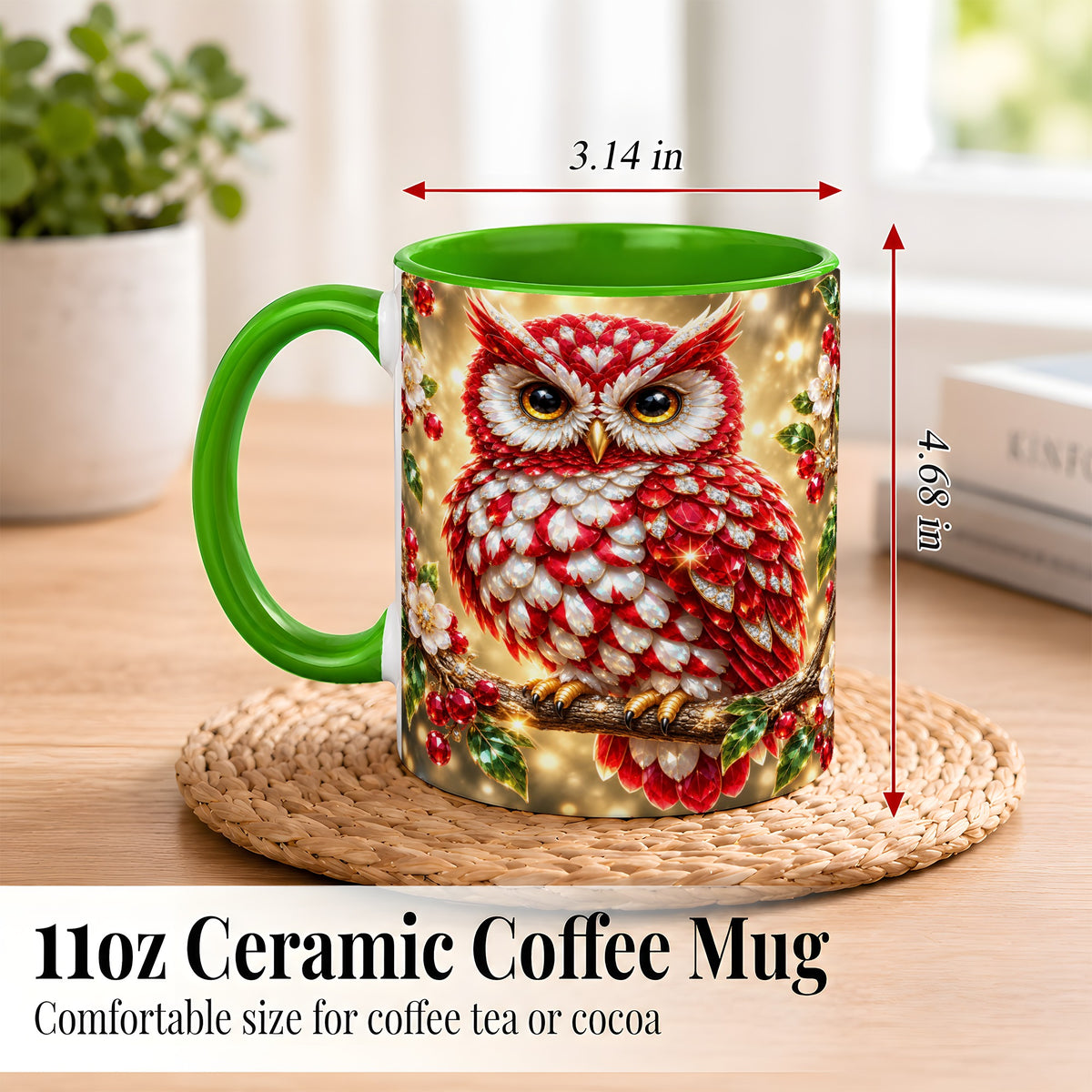 #pl[11oz|Green] Red White Gem Owl Coffee Mug, Gemstone Style Owl Mug, Ceramic Cup