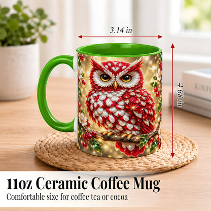 #pl[11oz|Green] Red White Gem Owl Coffee Mug, Gemstone Style Owl Mug, Ceramic Cup