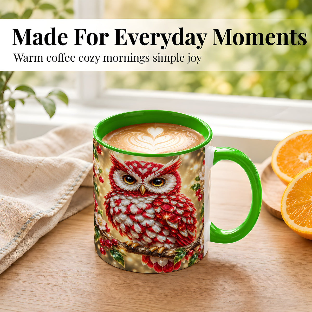 #pl[11oz|Green] Red White Gem Owl Coffee Mug, Gemstone Style Owl Mug, Ceramic Cup