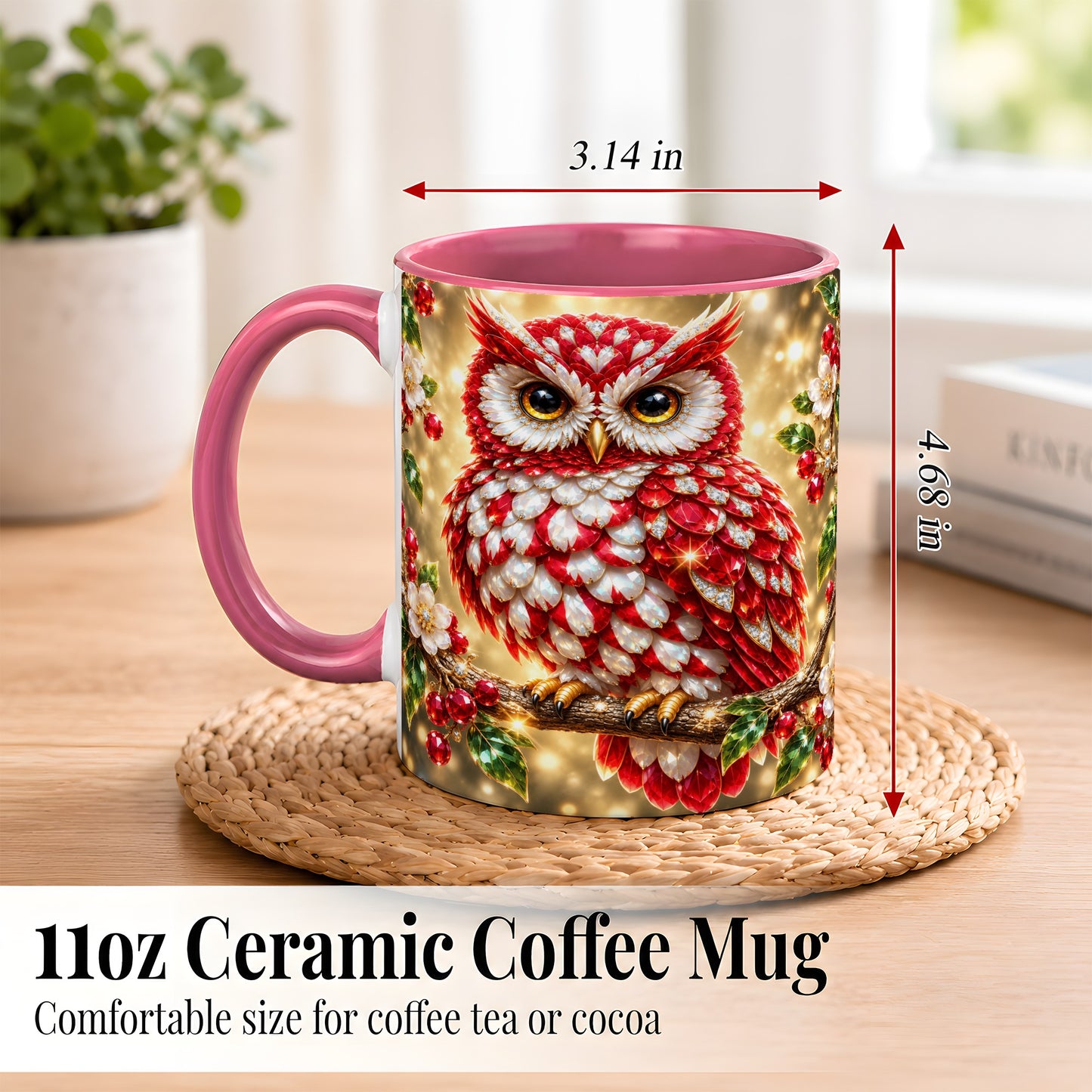 #pl[11oz|Pink] Red White Gem Owl Coffee Mug, Gemstone Style Owl Mug, Ceramic Cup