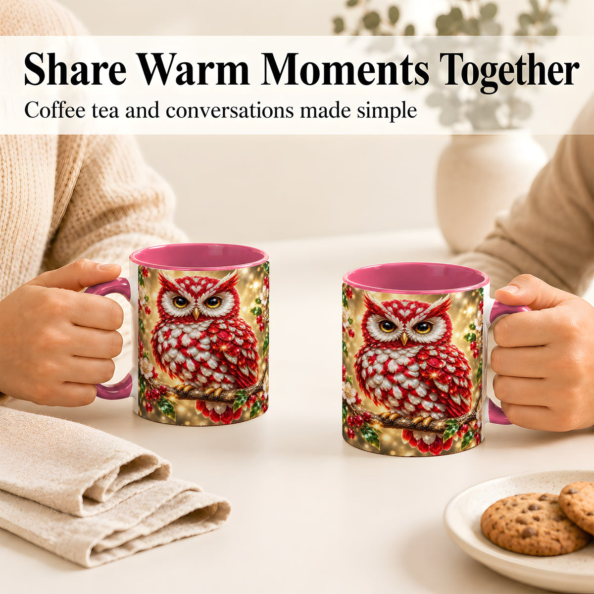 #pl[11oz|Pink] Red White Gem Owl Coffee Mug, Gemstone Style Owl Mug, Ceramic Cup