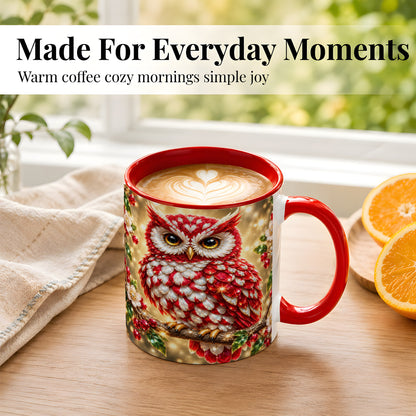 #pl[11oz|Red] Red White Gem Owl Coffee Mug, Gemstone Style Owl Mug, Ceramic Cup