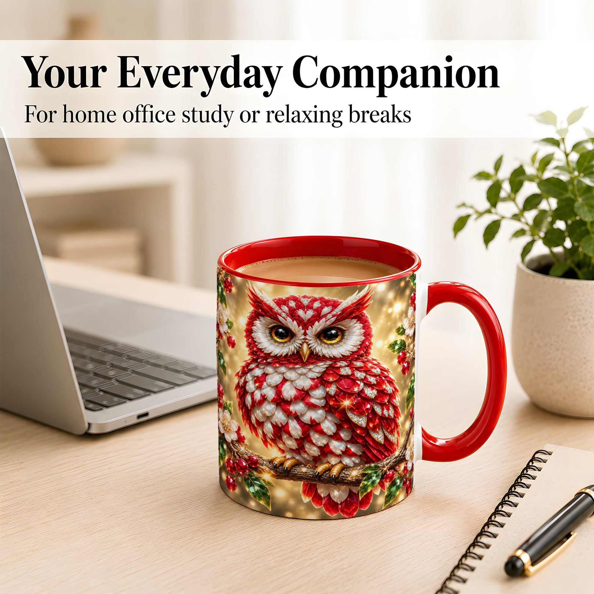 #pl[11oz|Red] Red White Gem Owl Coffee Mug, Gemstone Style Owl Mug, Ceramic Cup