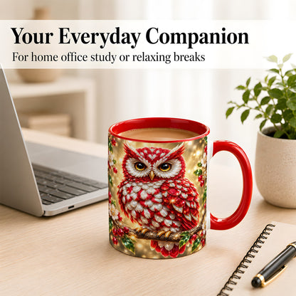 #pl[11oz|Red] Red White Gem Owl Coffee Mug, Gemstone Style Owl Mug, Ceramic Cup