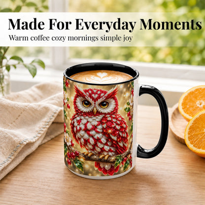 #pl[15oz|Black] Red White Gem Owl Coffee Mug, Gemstone Style Owl Mug, Ceramic Cup