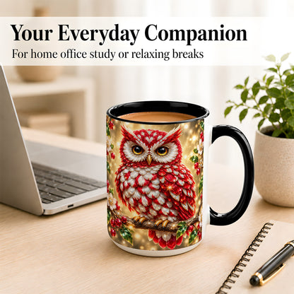 #pl[15oz|Black] Red White Gem Owl Coffee Mug, Gemstone Style Owl Mug, Ceramic Cup