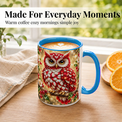 #pl[15oz|Blue] Red White Gem Owl Coffee Mug, Gemstone Style Owl Mug, Ceramic Cup