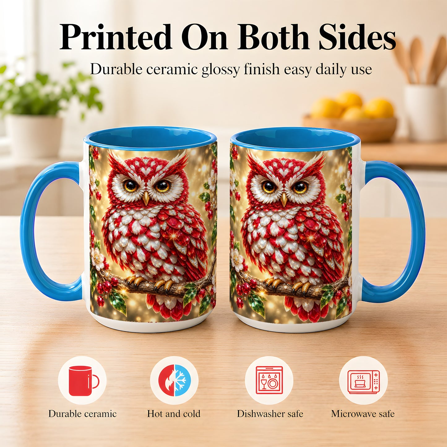 #pl[15oz|Blue] Red White Gem Owl Coffee Mug, Gemstone Style Owl Mug, Ceramic Cup