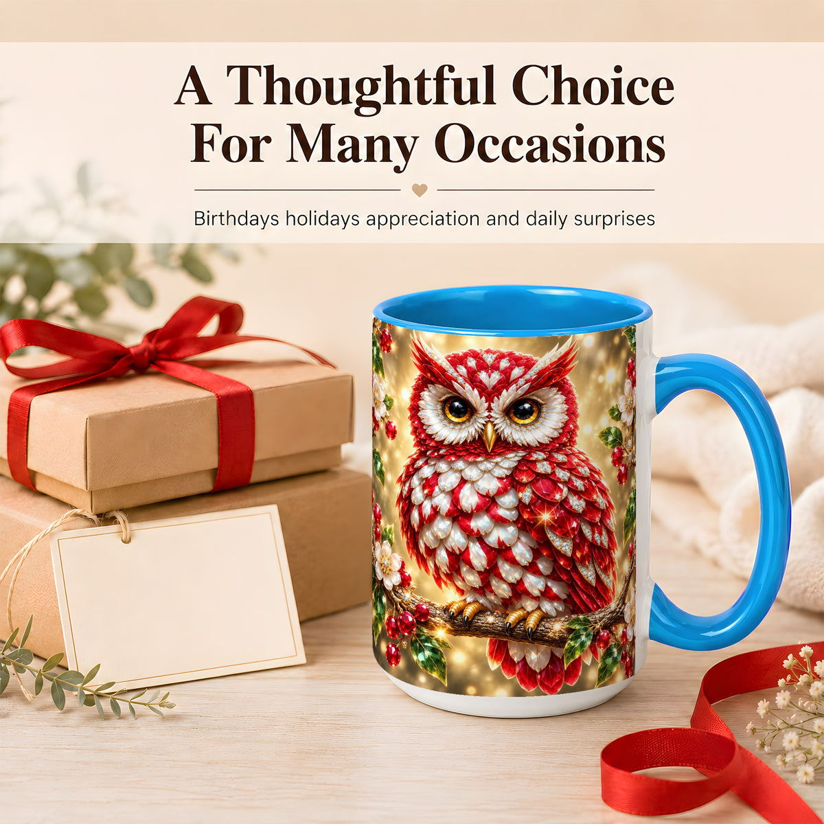 #pl[15oz|Blue] Red White Gem Owl Coffee Mug, Gemstone Style Owl Mug, Ceramic Cup