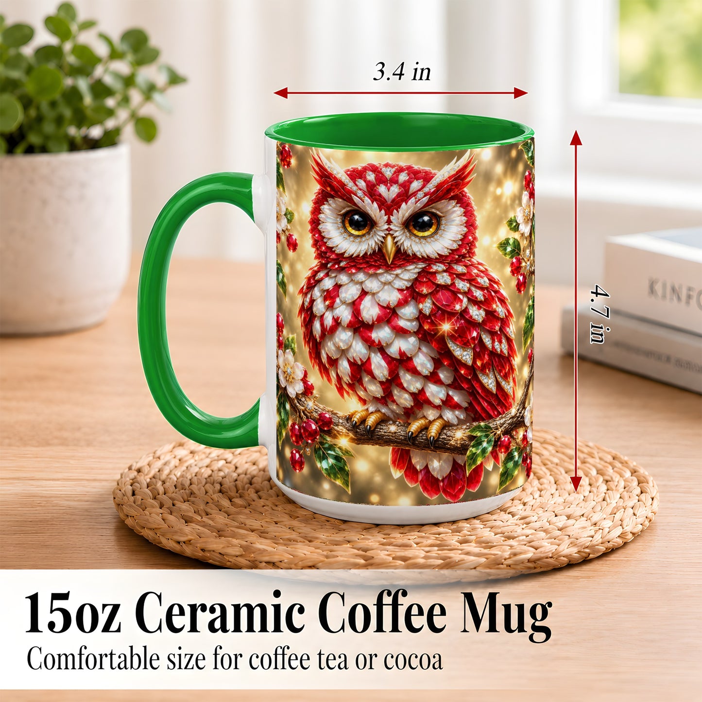 #pl[15oz|Green] Red White Gem Owl Coffee Mug, Gemstone Style Owl Mug, Ceramic Cup