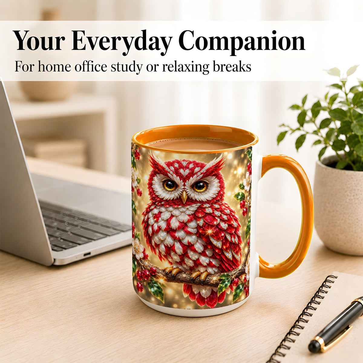 #pl[15oz|Orange] Red White Gem Owl Coffee Mug, Gemstone Style Owl Mug, Ceramic Cup
