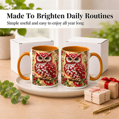 #pl[15oz|Orange] Red White Gem Owl Coffee Mug, Gemstone Style Owl Mug, Ceramic Cup