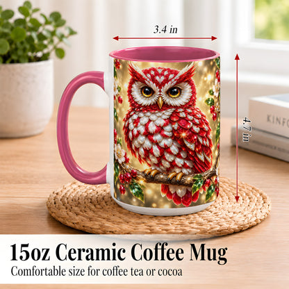 #pl[15oz|Pink] Red White Gem Owl Coffee Mug, Gemstone Style Owl Mug, Ceramic Cup