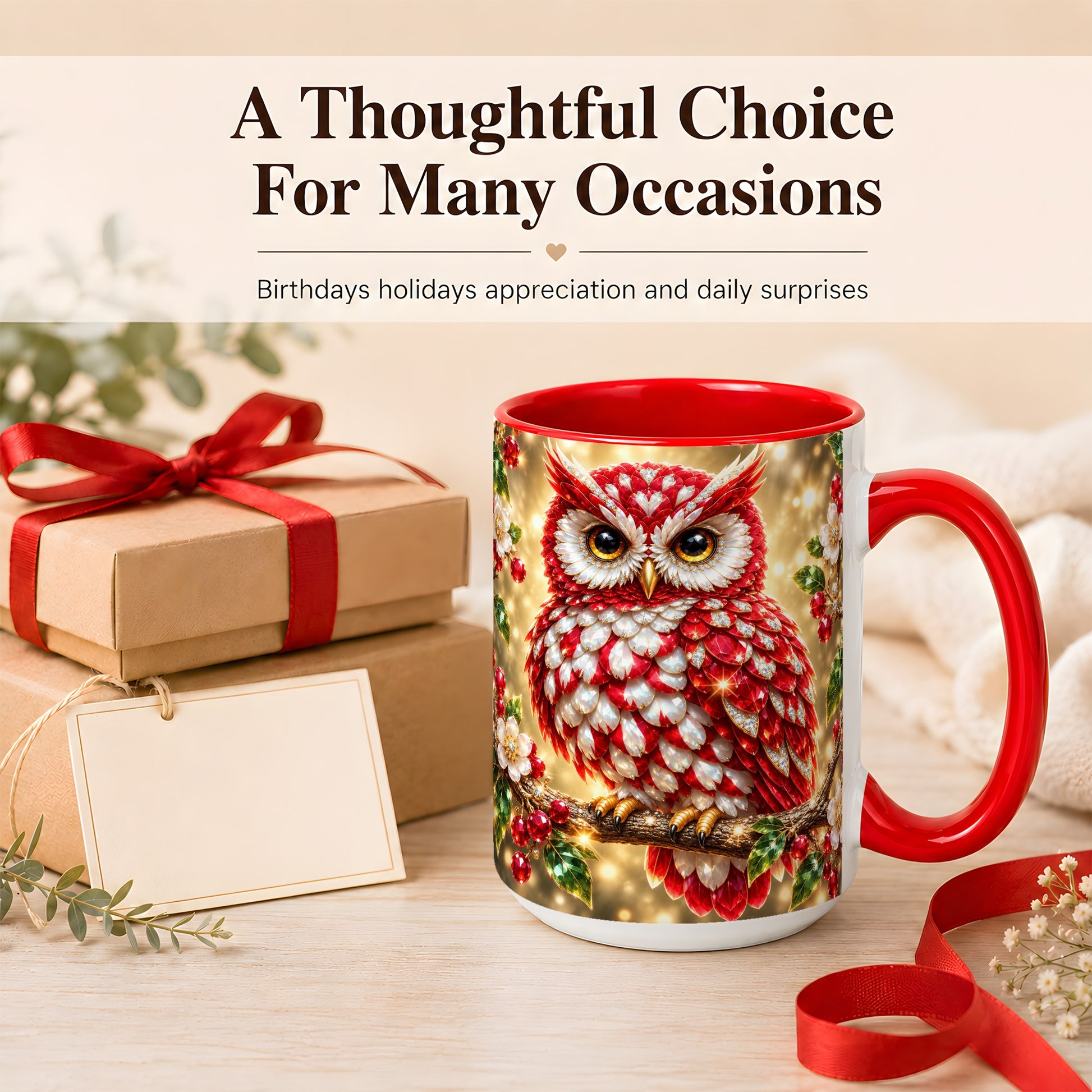 #pl[15oz|Red] Red White Gem Owl Coffee Mug, Gemstone Style Owl Mug, Ceramic Cup