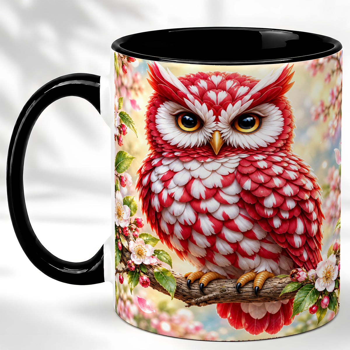 #pl[11oz|Black] Floral Owl Coffee Mug, Red Blossom Owl Mug, Ceramic Cup