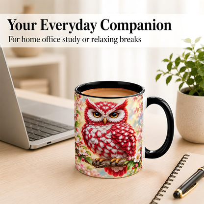 #pl[11oz|Black] Floral Owl Coffee Mug, Red Blossom Owl Mug, Ceramic Cup