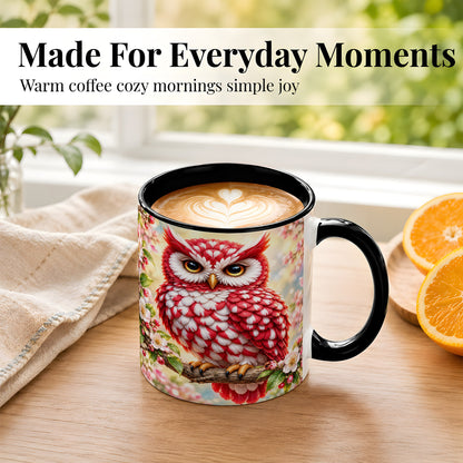 #pl[11oz|Black] Floral Owl Coffee Mug, Red Blossom Owl Mug, Ceramic Cup