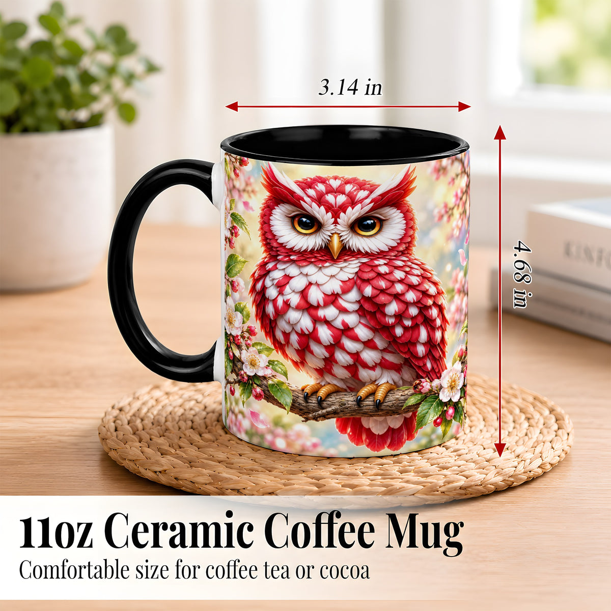 #pl[11oz|Black] Floral Owl Coffee Mug, Red Blossom Owl Mug, Ceramic Cup