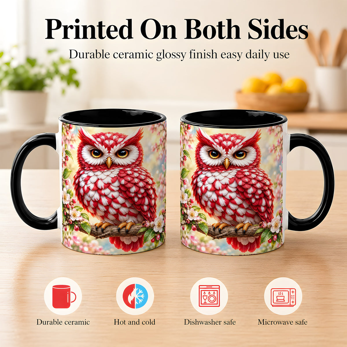 #pl[11oz|Black] Floral Owl Coffee Mug, Red Blossom Owl Mug, Ceramic Cup