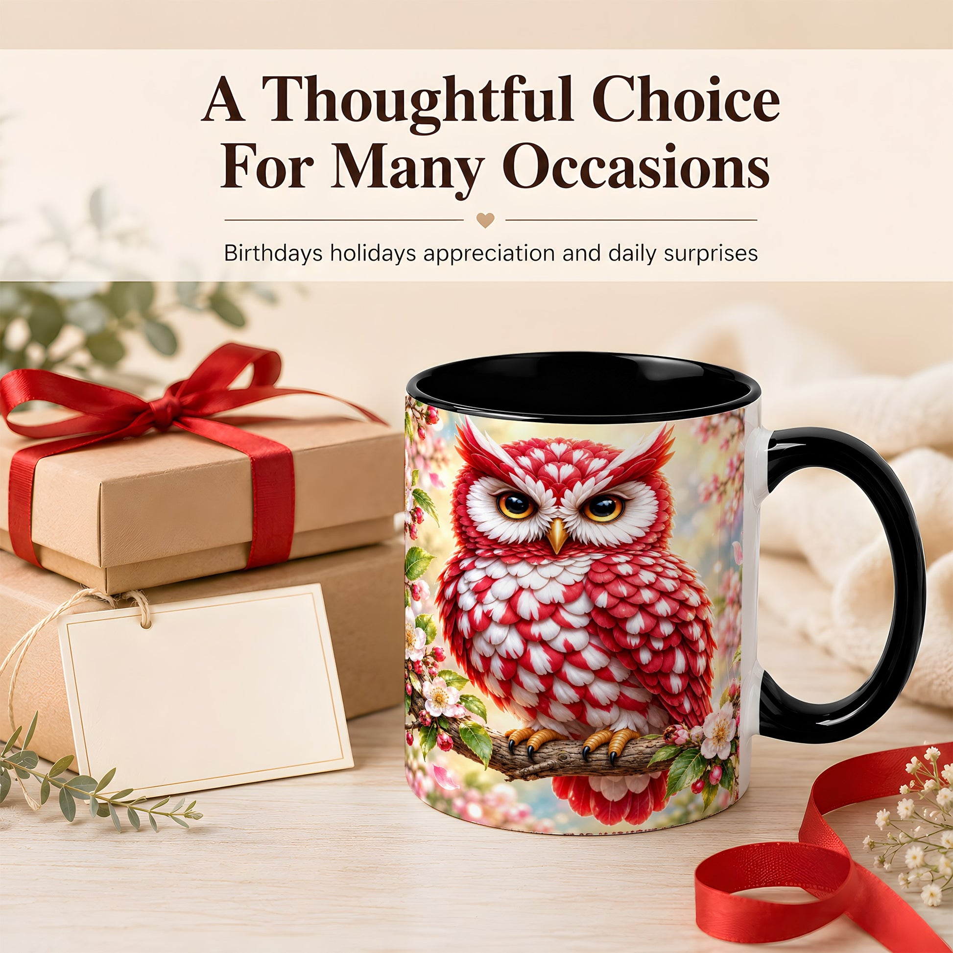 #pl[11oz|Black] Floral Owl Coffee Mug, Red Blossom Owl Mug, Ceramic Cup