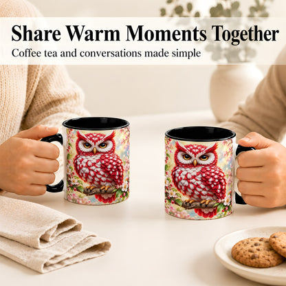 #pl[11oz|Black] Floral Owl Coffee Mug, Red Blossom Owl Mug, Ceramic Cup