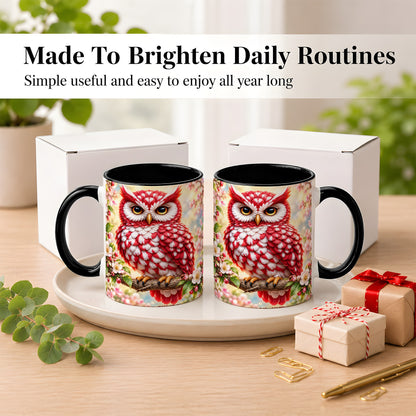 #pl[11oz|Black] Floral Owl Coffee Mug, Red Blossom Owl Mug, Ceramic Cup