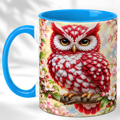 #pl[11oz|Blue] Floral Owl Coffee Mug, Red Blossom Owl Mug, Ceramic Cup