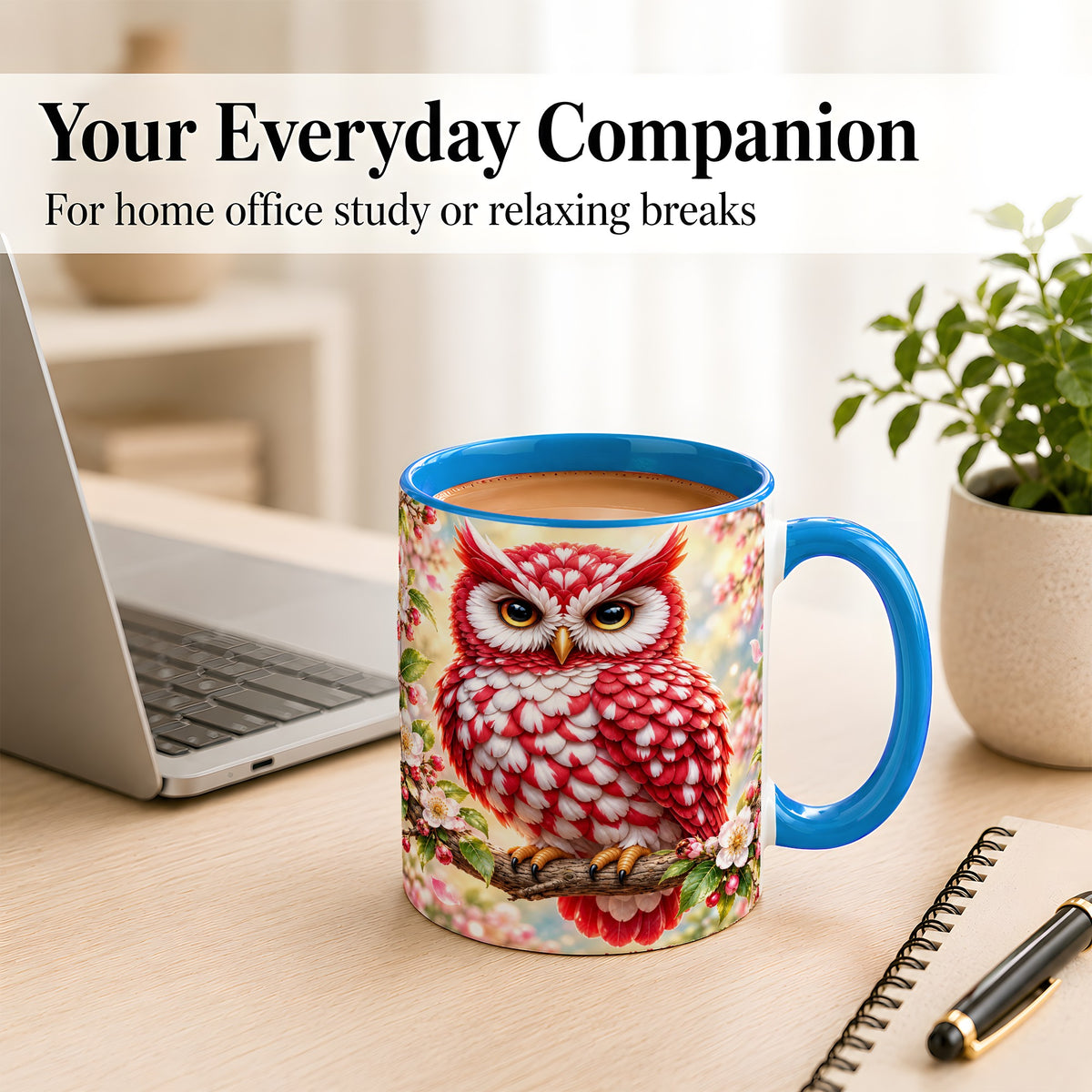 #pl[11oz|Blue] Floral Owl Coffee Mug, Red Blossom Owl Mug, Ceramic Cup