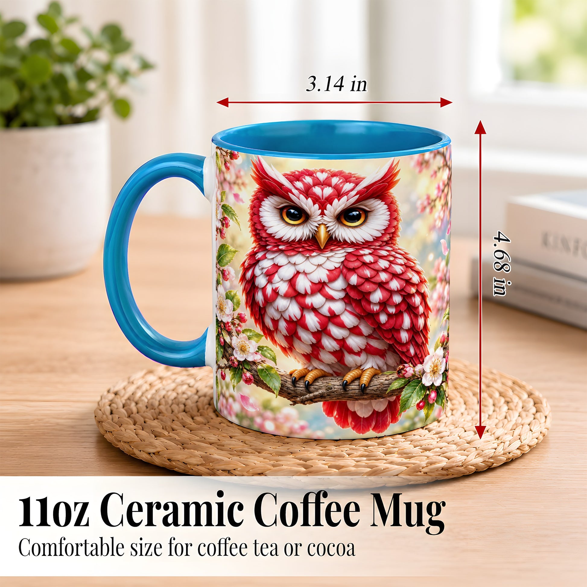 #pl[11oz|Blue] Floral Owl Coffee Mug, Red Blossom Owl Mug, Ceramic Cup