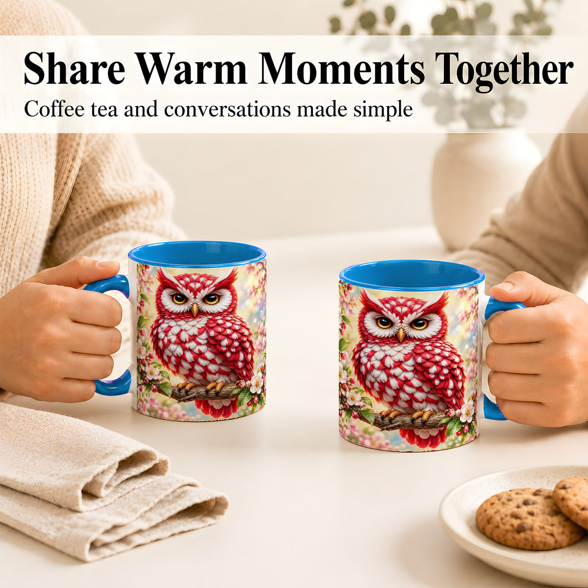 #pl[11oz|Blue] Floral Owl Coffee Mug, Red Blossom Owl Mug, Ceramic Cup