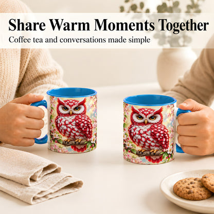 #pl[11oz|Blue] Floral Owl Coffee Mug, Red Blossom Owl Mug, Ceramic Cup