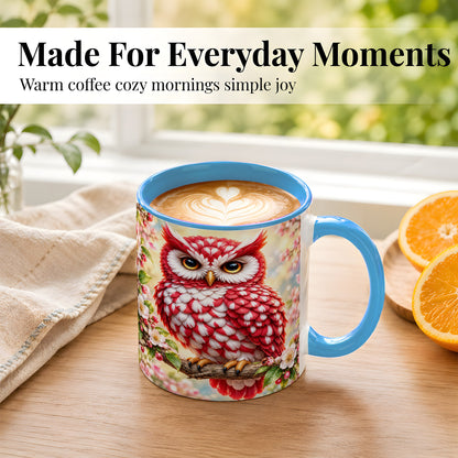 #pl[11oz|Blue] Floral Owl Coffee Mug, Red Blossom Owl Mug, Ceramic Cup