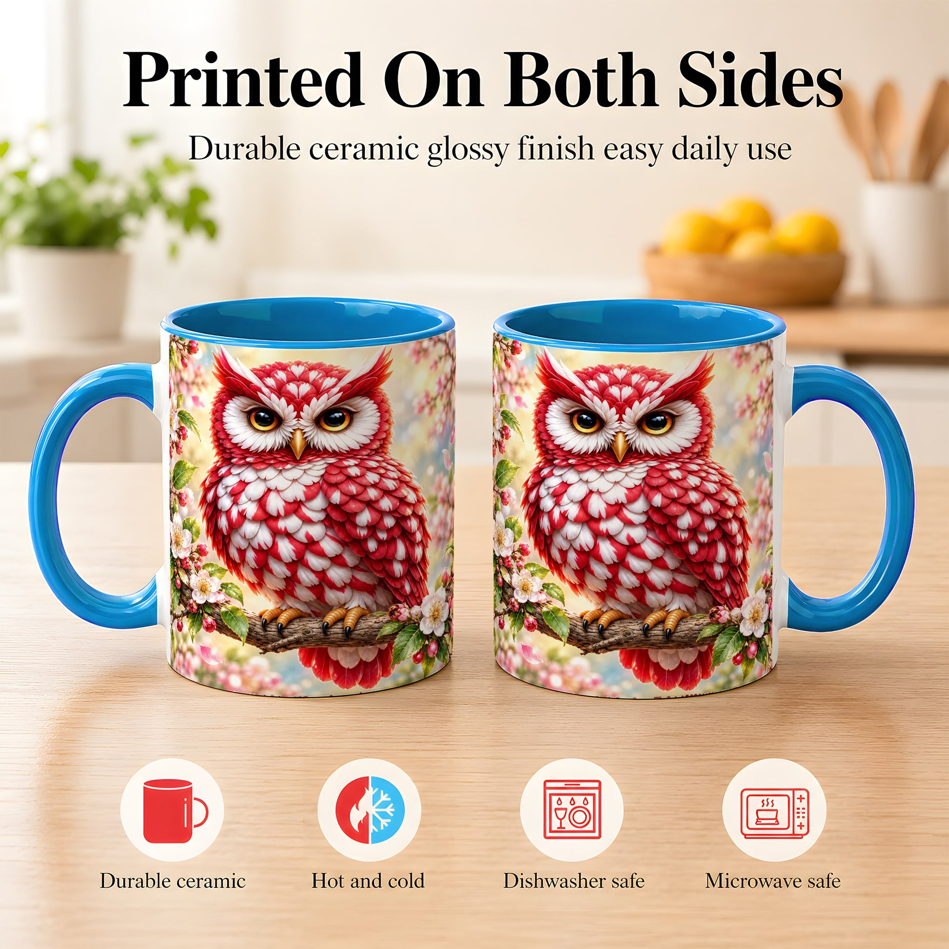 #pl[11oz|Blue] Floral Owl Coffee Mug, Red Blossom Owl Mug, Ceramic Cup