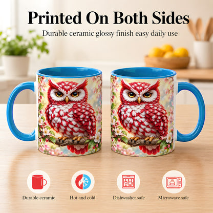 #pl[11oz|Blue] Floral Owl Coffee Mug, Red Blossom Owl Mug, Ceramic Cup