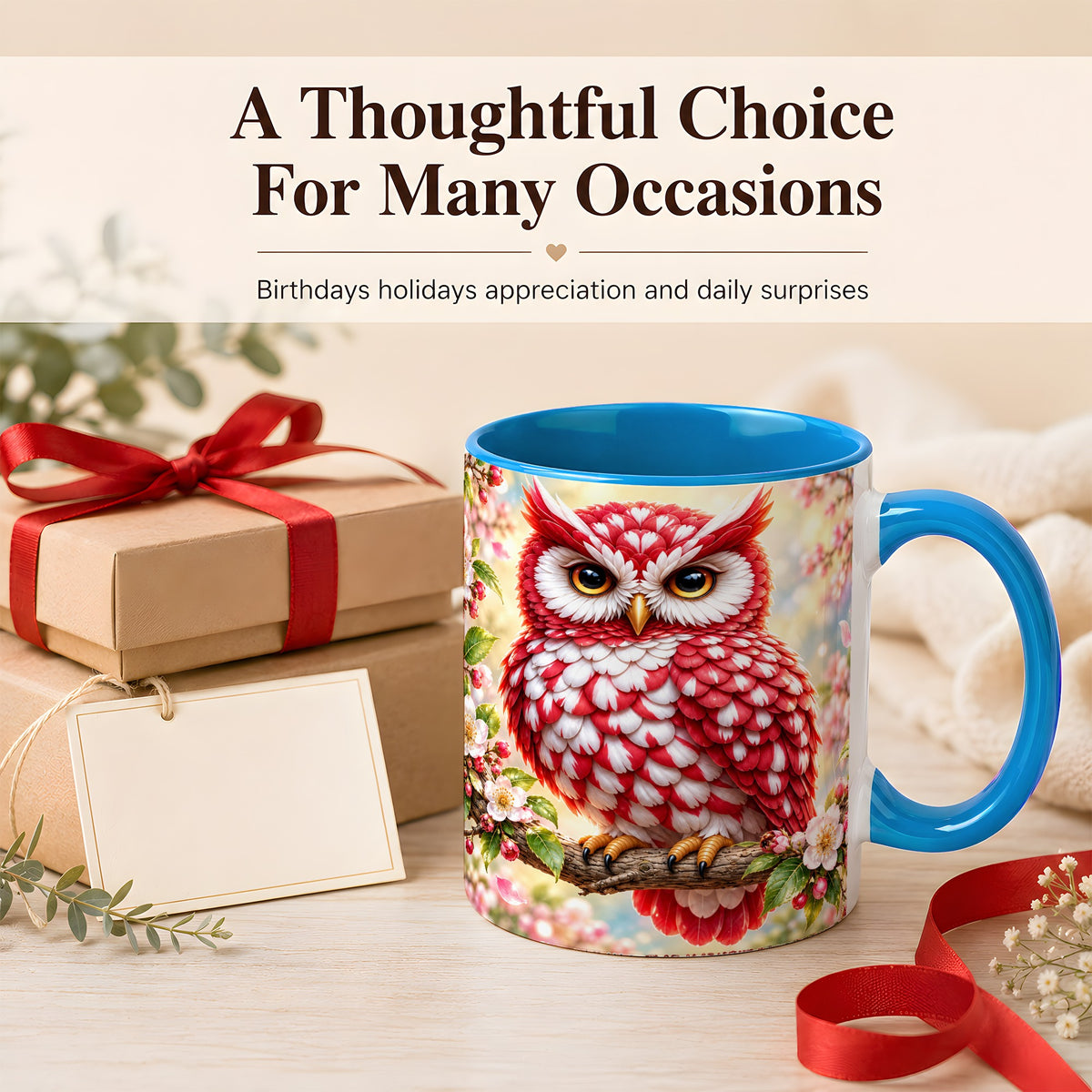 #pl[11oz|Blue] Floral Owl Coffee Mug, Red Blossom Owl Mug, Ceramic Cup