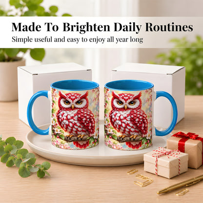 #pl[11oz|Blue] Floral Owl Coffee Mug, Red Blossom Owl Mug, Ceramic Cup