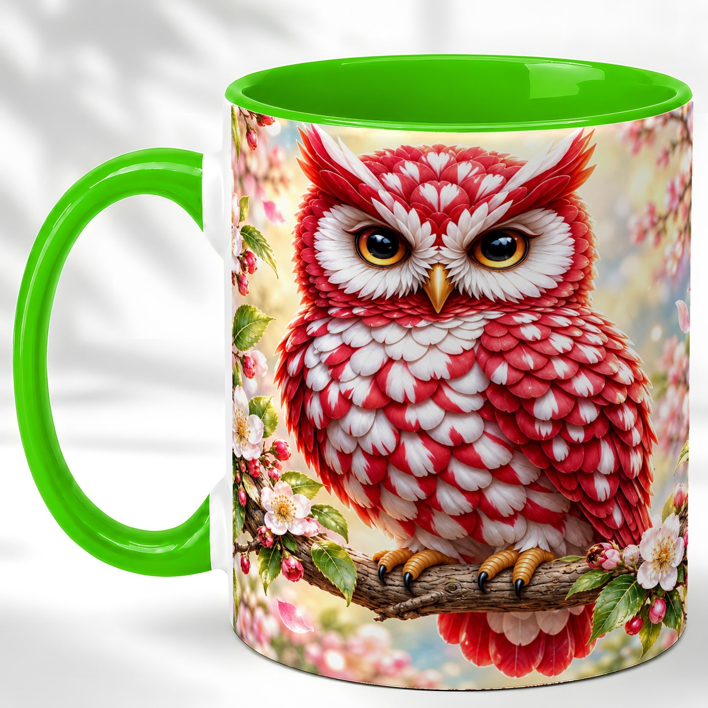 #pl[11oz|Green] Floral Owl Coffee Mug, Red Blossom Owl Mug, Ceramic Cup