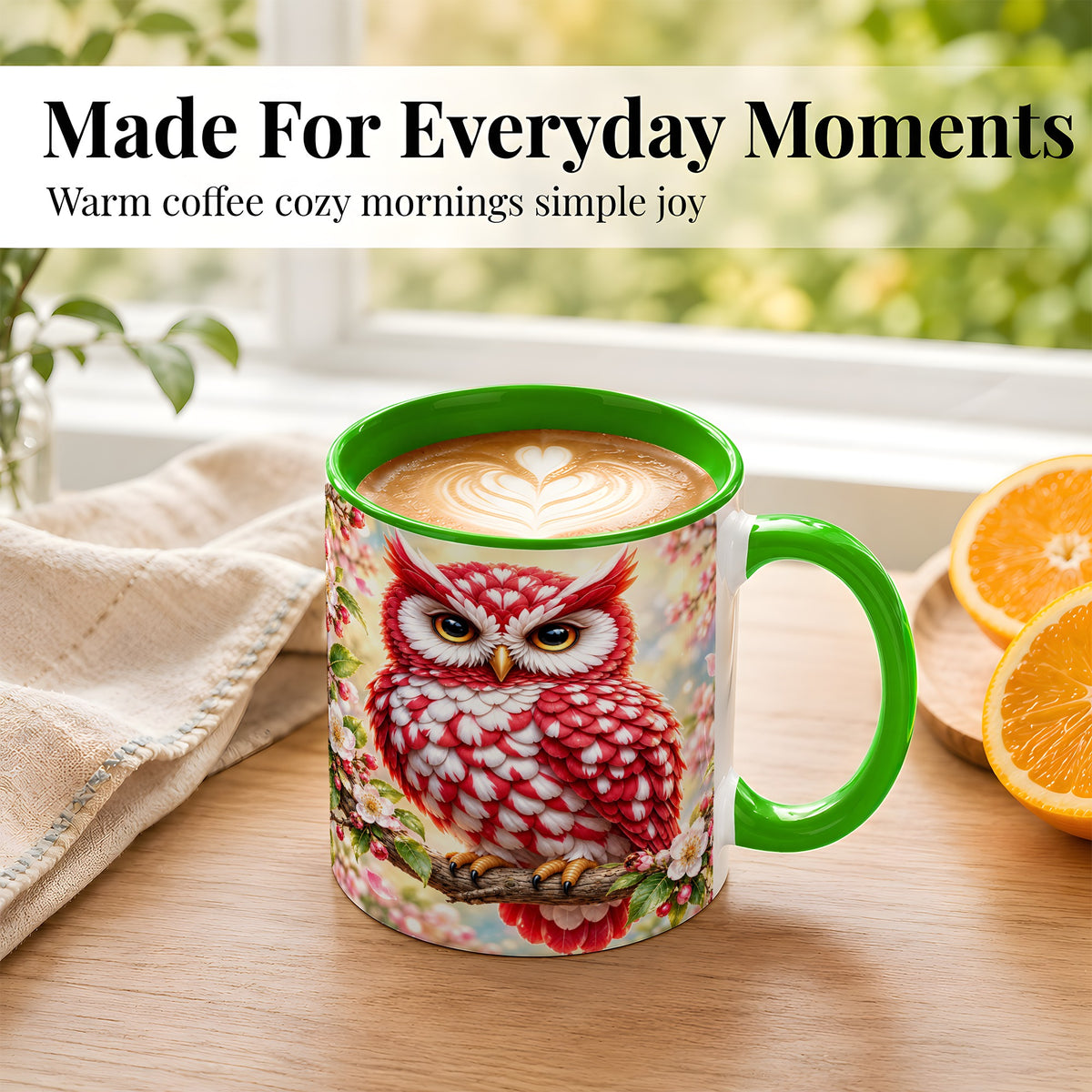 #pl[11oz|Green] Floral Owl Coffee Mug, Red Blossom Owl Mug, Ceramic Cup