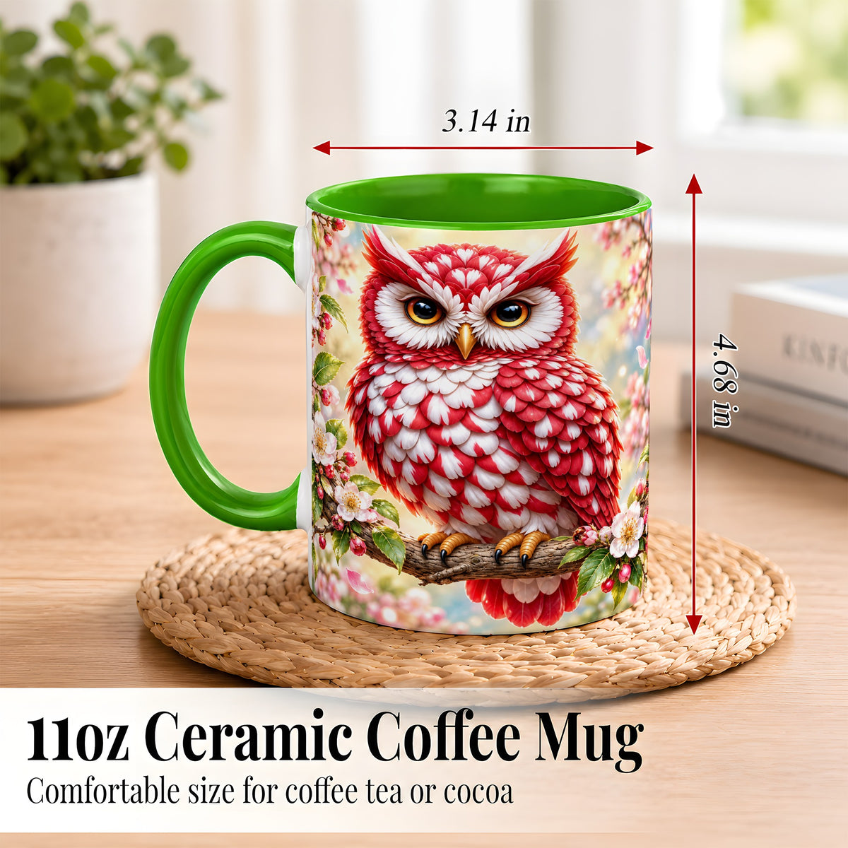#pl[11oz|Green] Floral Owl Coffee Mug, Red Blossom Owl Mug, Ceramic Cup